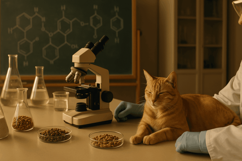 Scientist in a lab coat researching feline nutrition beside a relaxed orange cat, highlighting compassionate cat care innovations.