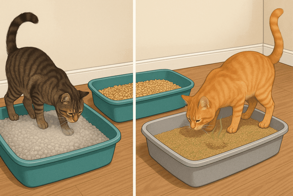 Side-by-side comparison of two cats using different litters in a home, highlighting quality choices for better cat care.