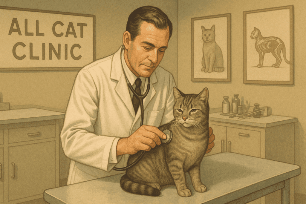 Veterinarian examining a calm tabby cat in a vintage-style clinic, highlighting attentive cat care.