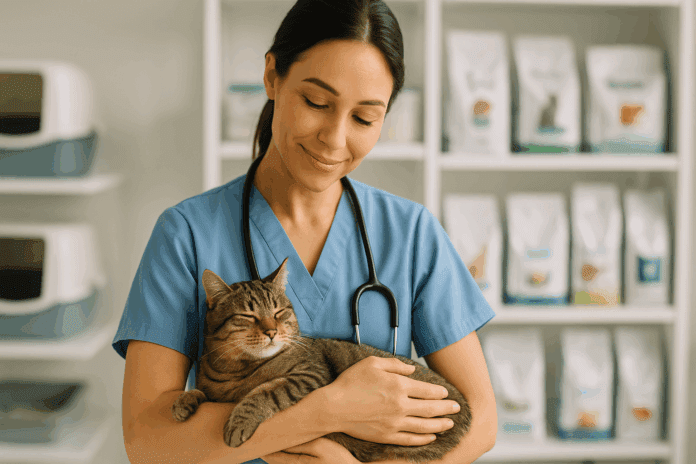Veterinarian in blue scrubs gently holding a relaxed tabby cat in a bright clinic with shelves of cat care supplies in the background.