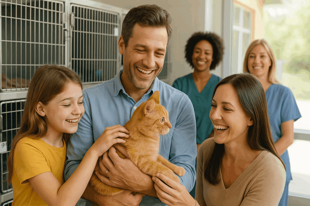 Family adopting an orange tabby cat from a bright, welcoming animal shelter, with happy shelter workers in the background, highlighting the positive impact of cat rescue.