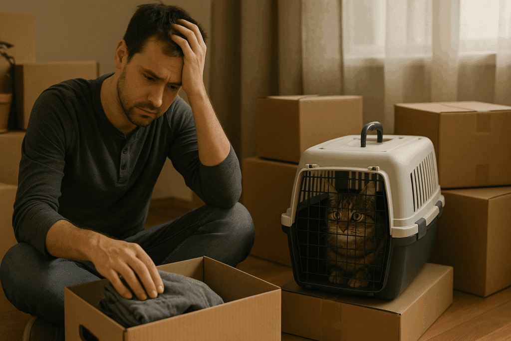 Worried man packing up belongings with a cat in a carrier, representing the challenges of cat rescue and relocation during financial hardship.