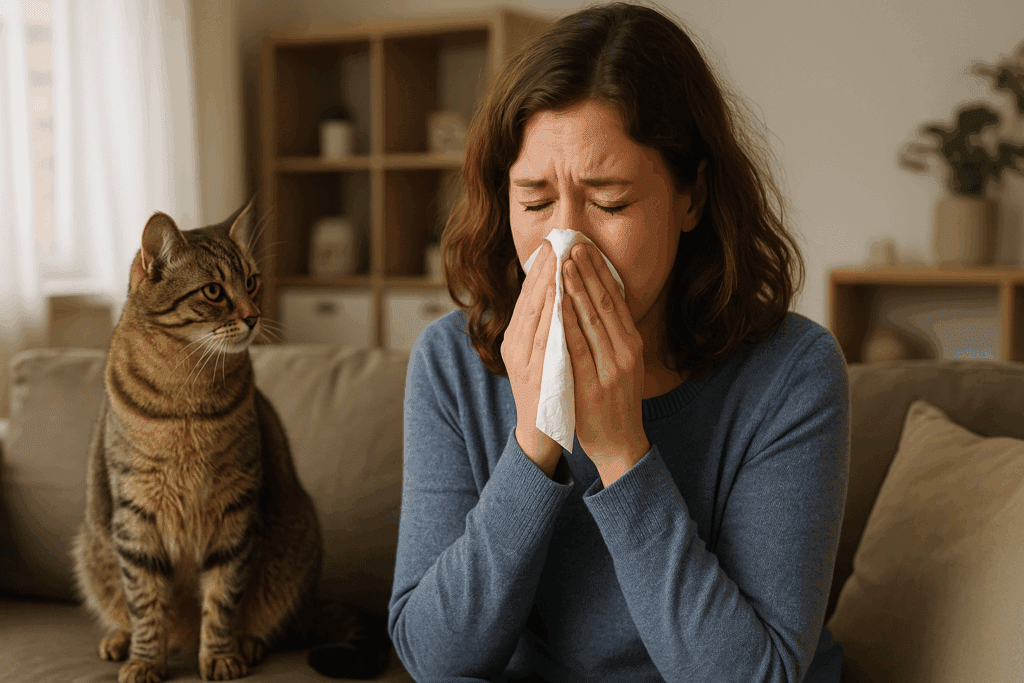 Person with allergy symptoms, sneezing and tearing up, sits on a couch with a tabby cat nearby, reflecting the emotional challenge of cat rescue when facing health issues.