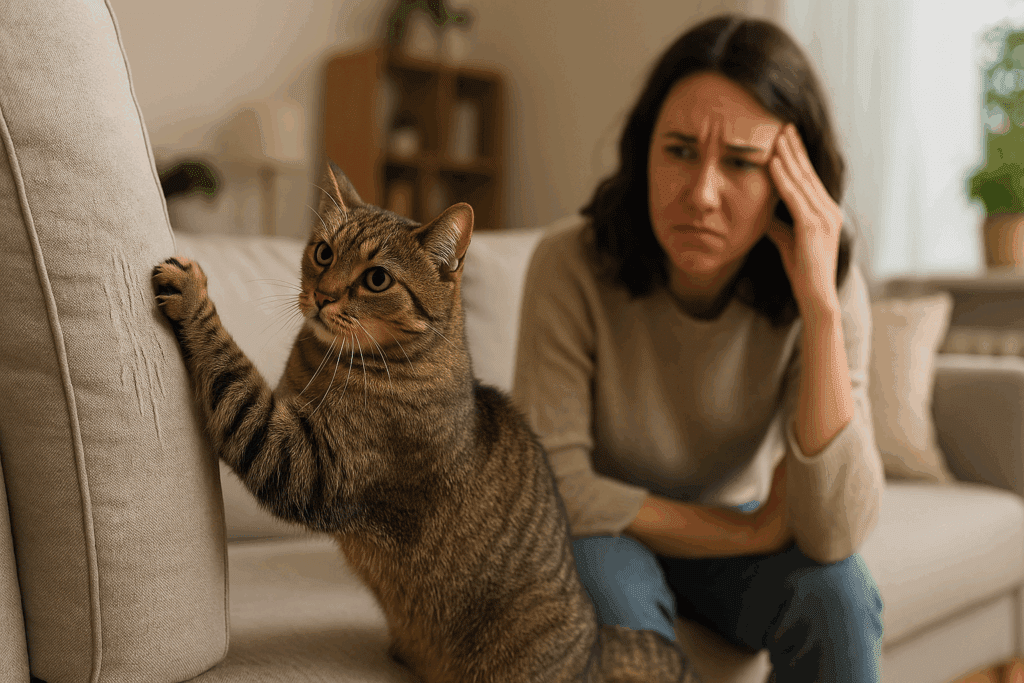 Cat rescue challenge – a tabby cat scratching a gray sofa in a cozy living room, with a frustrated owner nearby, highlighting common behavioral issues that often lead to cat surrender and the need for understanding in cat rescue situations.
