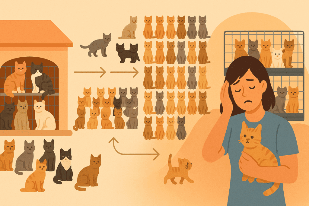 Infographic illustrating the impact of overpopulation on cat rescue shelters, showing crowded cat cages, rising stray cat populations, and the peak of kitten season, emphasizing the importance of spaying and neutering.