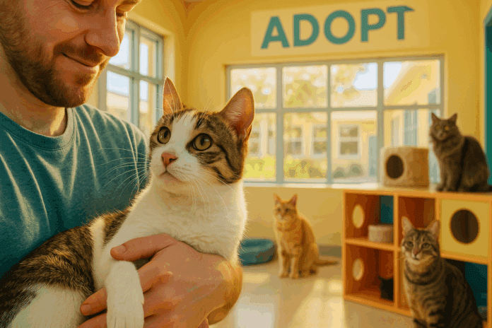 A caring human gently holds a rescued cat at a vibrant animal shelter, with other cats lounging in the background, morning sunlight streaming through large windows – capturing the hopeful spirit of cat rescue.