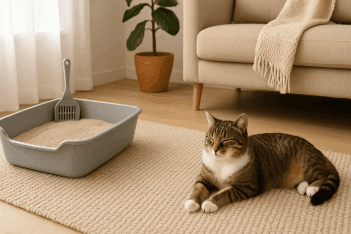 Cozy indoor scene with a relaxed tabby cat resting on a soft woven rug near a modern litter box, illustrating clean and effective litter solutions in a bright, well-maintained home.