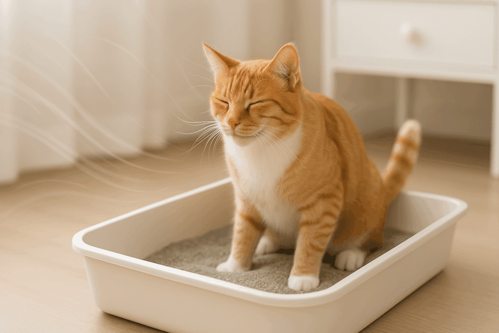 Orange tabby cat contentedly using a dust-free litter box, illustrating healthy litter solutions with clean air and a particle-free environment.